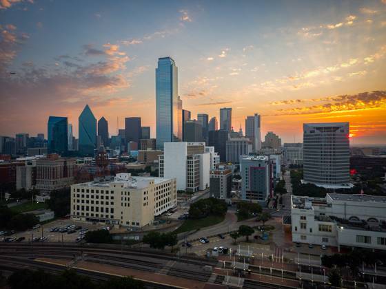 The Dallas skyline at dusk.
