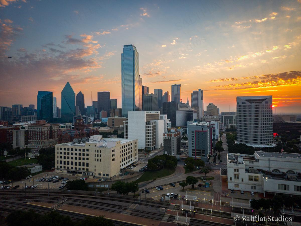 The Dallas skyline at dusk.