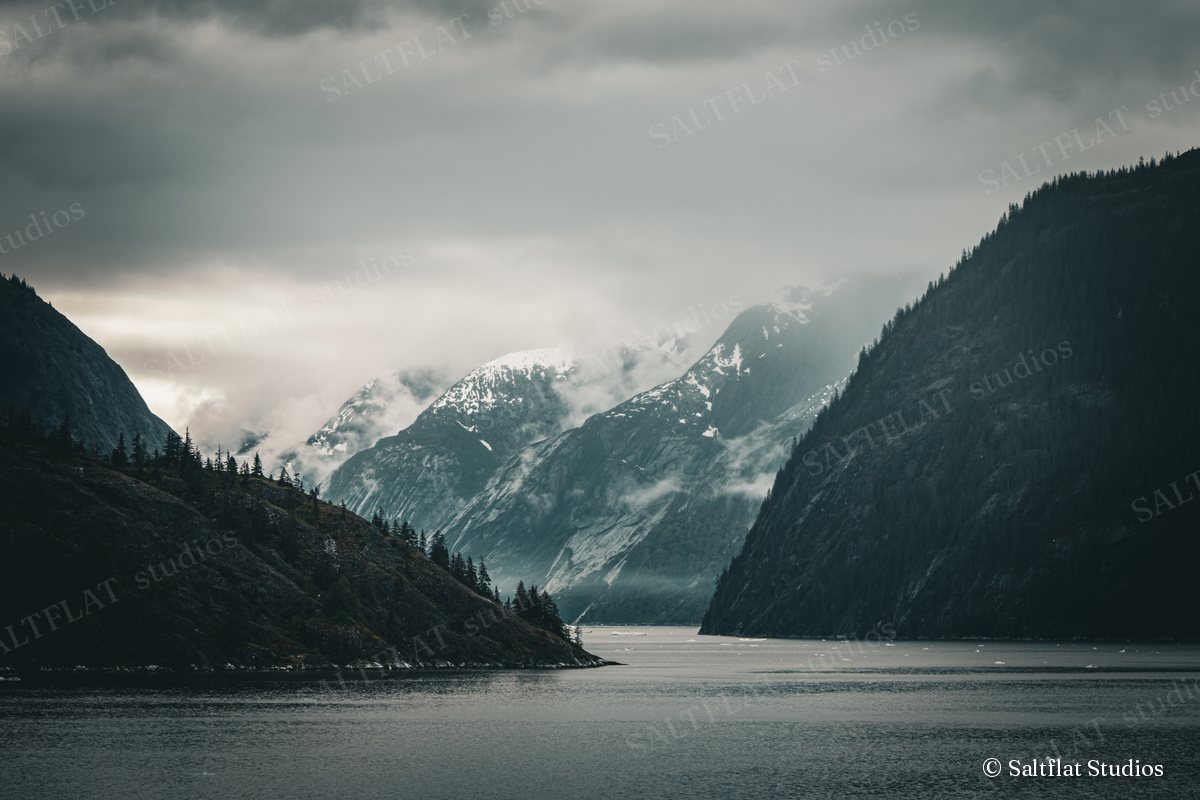 Dark ridges frame a calm fjord. Snowy peaks rise into low clouds beyond.